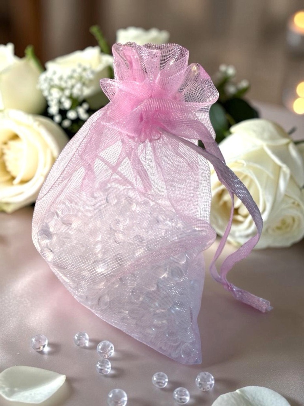 Bundle of 2 Pink Sheer Organza Drawstring Bags with Clear Scent Beads